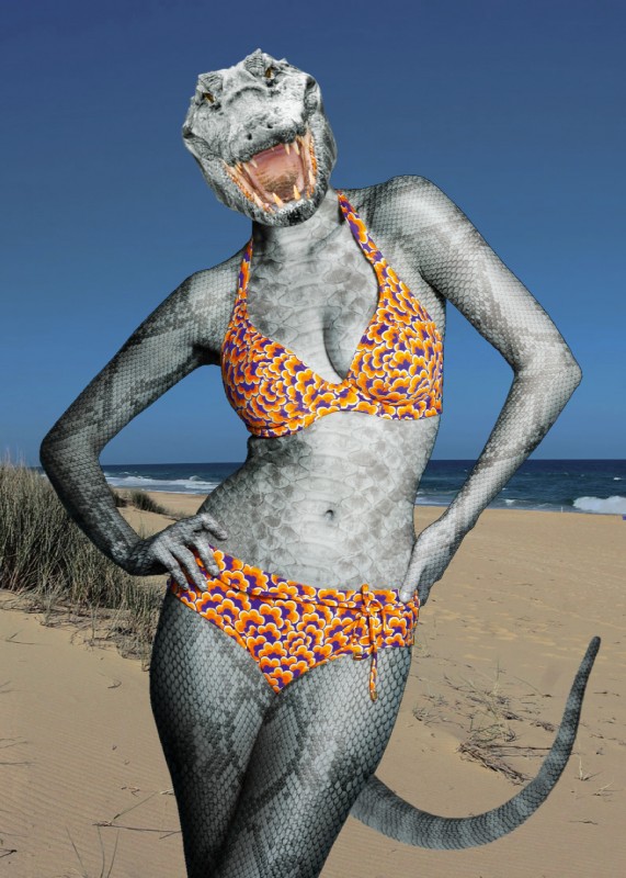 beach clothing female outside pose scales seaside solo swimwear teeth lynx7386 third-party_edit crocodile crocodilian reptile scalie hi_res photo_manipulation photomorph