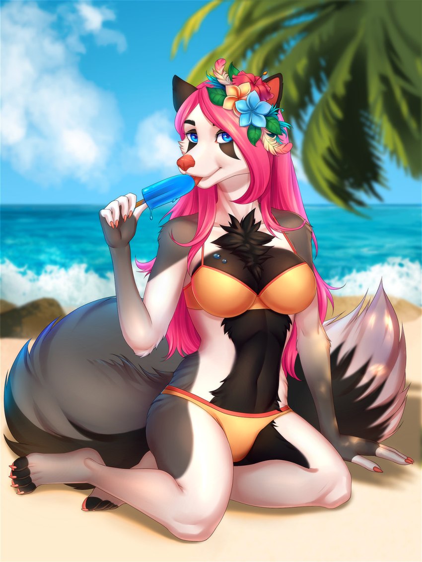 4_toes 5_fingers accessory anthro beach bikini black_body black_fur blue_eyes breasts clothed clothing day detailed_background eyebrows eyelashes feet female fingers flower flower_in_hair food fur grey_body grey_fur hair hair_accessory kneeling looking_at_viewer multicolored_body multicolored_fur outside pink_hair plant popsicle sand seaside shoreline sky smile solo swimwear toes tongue tongue_out two-piece_swimsuit water white_body white_fur littlemomoko canid canine fox mammal 2021 3:4 digital_media_(artwork) hi_res