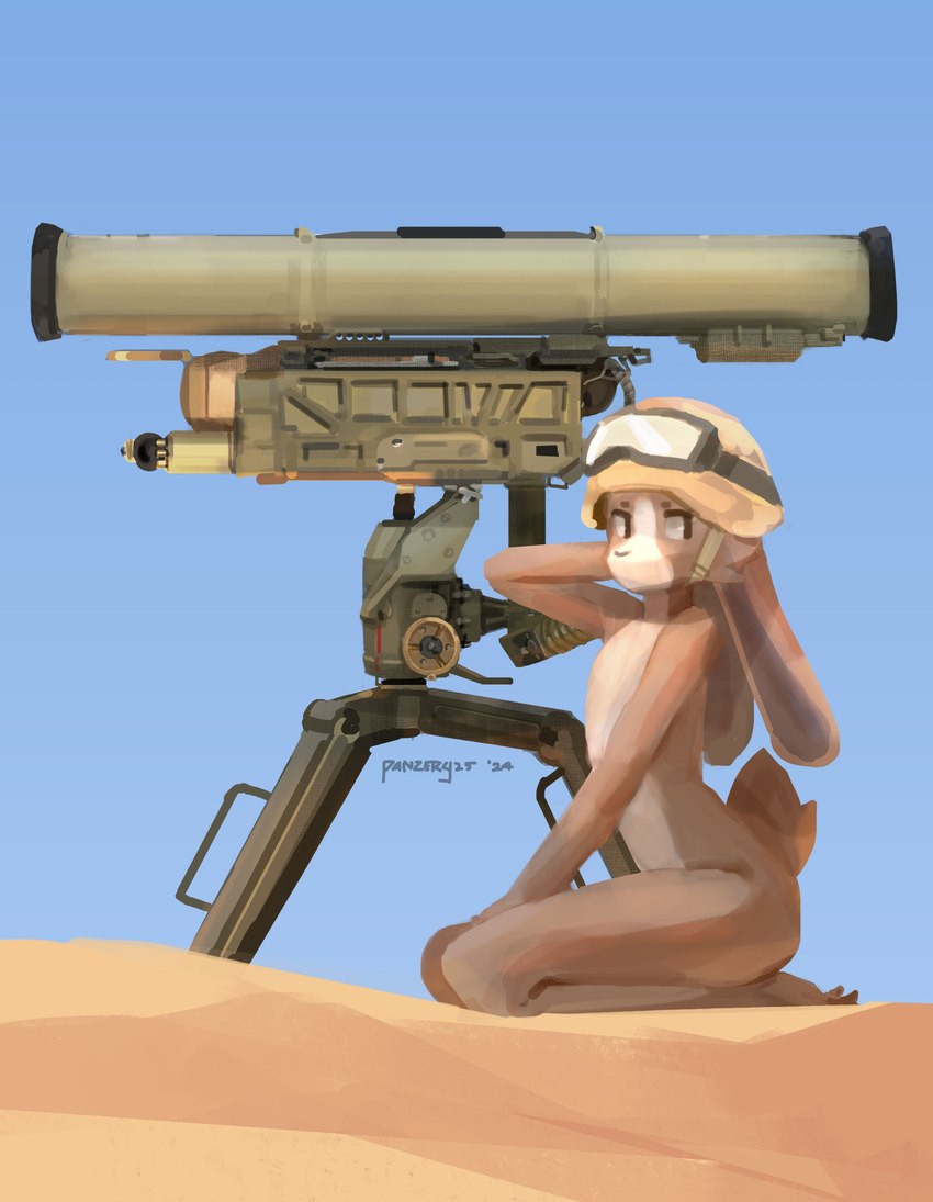 anthro anti-tank armor headgear headgear_only helmet helmet_only kneeling male mostly_nude ranged_weapon rocket_launcher sand solo weapon panzery25 lagomorph leporid mammal rabbit 2024 absurd_res digital_media_(artwork) digital_painting_(artwork) hi_res