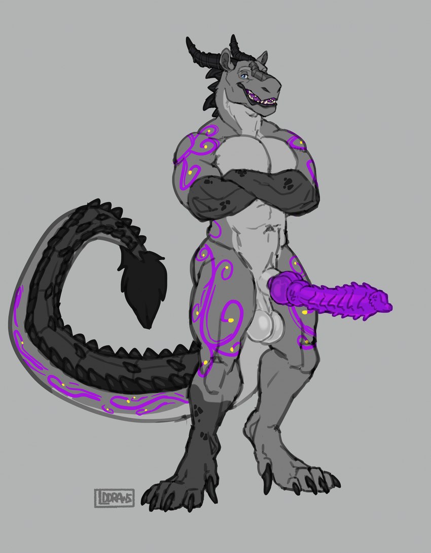 anthro balls big_penis biped countershade_torso countershading crossed_arms erection genitals horn huge_penis knot male muscular muscular_anthro muscular_male pecs penis purple_penis simple_background solo tail lddraws mythology ren_stihlwater dragon mythological_creature mythological_scalie scalie hi_res