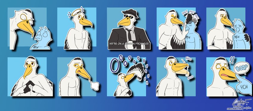 clothing male meme_pose pelicaniform sighing text codyf0xx pelican_(character) ych_(character) avian bird pelecaniform pelican comic english_text hi_res