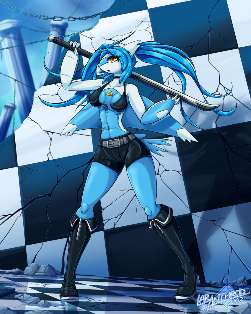 anthro belt blue_body blue_hair boots breasts claws clothed clothing eyelashes female finger_claws floor footwear hair holding_melee_weapon holding_object holding_sword holding_weapon melee_weapon number pokemorph pose pupils scenery shadow shoes solo standing sword tail text tile tile_floor weapon white_pupils white_sclera wings yellow_eyes latiar black_rock_shooter nintendo pokemon tiara_(latiar) generation_3_pokemon latias legendary_pokemon pokemon_(species) 2021 4:5 digital_media_(artwork) english_text hi_res