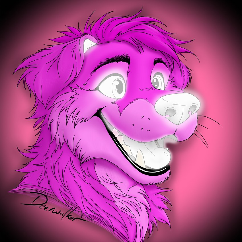 anthro big_nose cheek_tuft eyebrows facial_tuft fangs floppy_ears fluffy fur glowing glowing_ears glowing_eyes glowing_mouth glowing_nose glowing_tongue hair looking_away male messy_fur messy_hair pink_body pink_fur pink_hair simple_background smile solo teeth tongue tuft white_eyes white_nose white_tongue deerwalker bird_dog canid canine canis domestic_dog golden_retriever hunting_dog mammal retriever 1:1 headshot_portrait hi_res line_art portrait shaded shaded_line_art