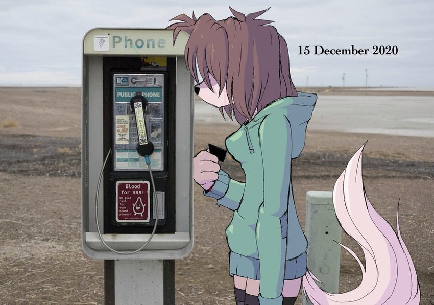 anthro beach business_card clothing date desperation electronics face_covered female hoodie payphone phone photo_background resting_head sad seaside solo text topwear ponporio homeless_dog canid canine canis domestic_dog mammal comic photography_(artwork)