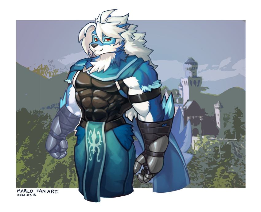 abs anthro biceps clothed clothing fur gloves hair handwear male muscular muscular_anthro muscular_male pecs simple_background solo wolfmalro cheong_hwan canid canine canis mammal wolf 2020 hi_res