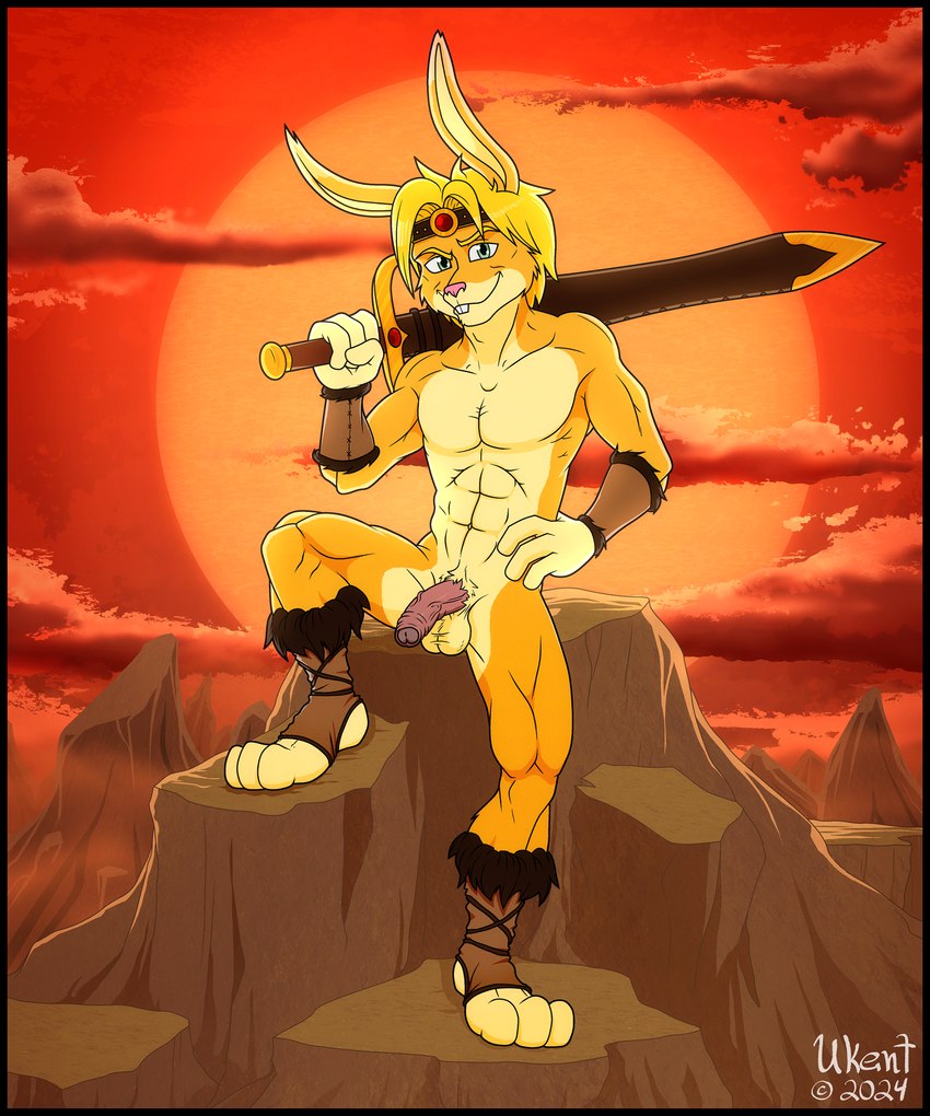 accessory anthro armor balls black_border blonde_hair boots border bracers clothing detailed_background footwear fur genitals hair headband holding_object holding_weapon humanoid_genitalia humanoid_penis male melee_weapon mostly_nude mostly_nude_anthro mostly_nude_male mountain muscular muscular_anthro muscular_male outside penis red_sky shoes sky smile solo sunset sword sword_on_shoulder toeless_footwear weapon yellow_body yellow_fur ukent cronn_(lapinbeau) lagomorph leporid mammal rabbit digital_media_(artwork) hi_res