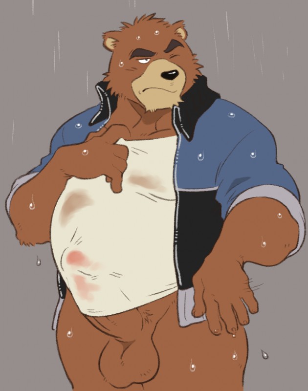 anthro balls blue_clothing blue_jacket blue_topwear bottomless brown_balls brown_body brown_fur brown_penis clothed clothing countershading erection fur genitals grey_background jacket male overweight overweight_anthro overweight_male penis shirt simple_background solo topwear wet wet_clothing wet_shirt wet_topwear white_clothing white_shirt white_topwear shirako morenatsu juuichi_mikazuki bear mammal 2016 hi_res portrait three-quarter_portrait