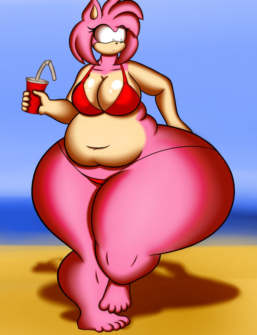 anthro beach beverage big_butt bikini breasts butt clothing female huge_butt hyper hyper_butt seaside solo swimwear thick_thighs two-piece_swimsuit smotrilla sega sonic_the_hedgehog_(series) amy_rose eulipotyphlan hedgehog mammal absurd_res hi_res