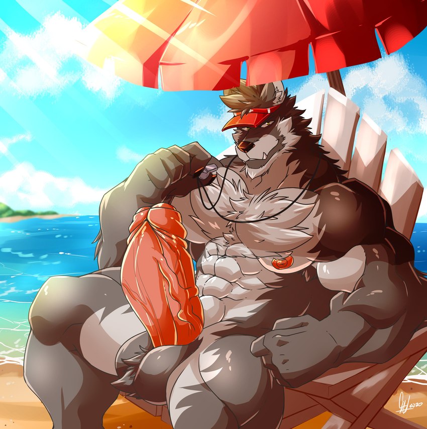 5_fingers anthro balls barazoku beach beach_umbrella big_balls big_muscles big_penis black_nose bottomless chest_tuft clothed clothing erection fingers foreskin fur genitals grey_body grey_fur hat headgear headwear huge_muscles huge_penis humanoid_hands lifeguard looking_at_viewer male muscular muscular_anthro muscular_male nipples parasol partially_retracted_foreskin penis pink_nipples pink_penis seaside sitting solo thick_penis topless tuft vein veiny_penis visor_cap water whistle_(object) yellow_eyes daikitei enigma_(daltenigma) canid canine canis mammal wolf 2020 absurd_res hi_res