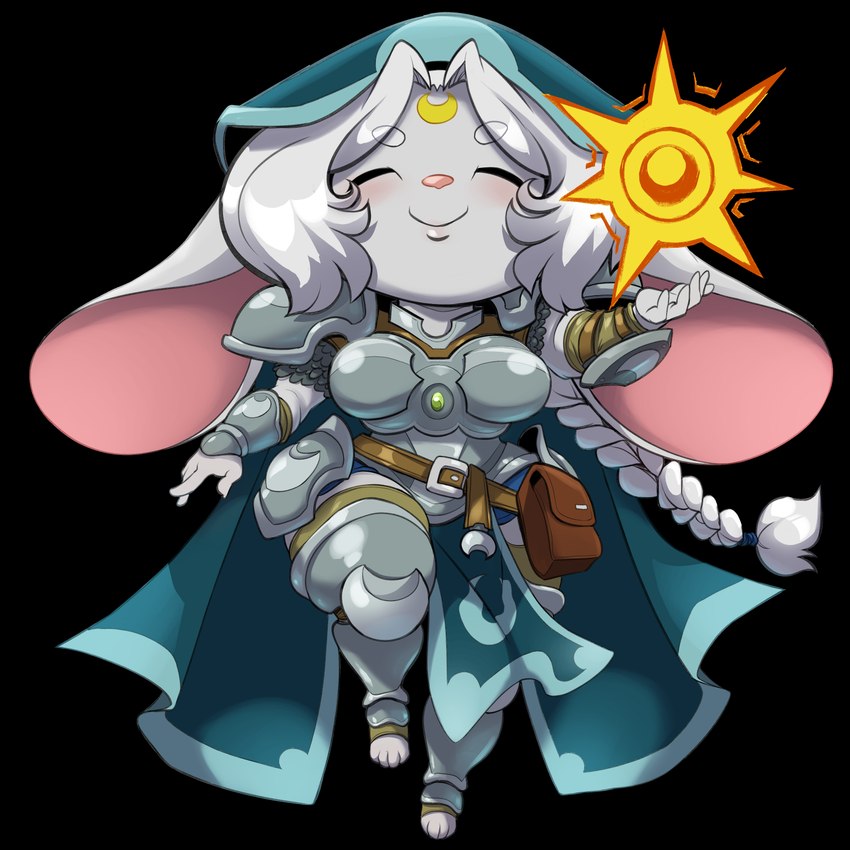 4_toes 5_fingers anthro armor big_breasts boob_armor breasts chainmail clothed clothing curvy_figure eyebrows eyes_closed feet female fingers fur hair hood solo thick_thighs toes voluptuous white_body white_fur white_hair wide_hips chalo lagomorph leporid mammal rabbit 1:1 2025 alpha_channel full-length_portrait hi_res portrait