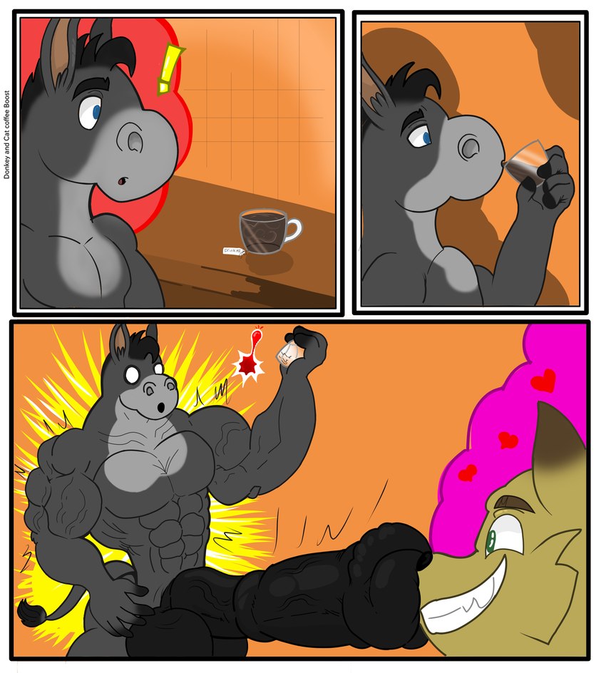 anthro balls big_balls big_penis duo erection genitals growth male male/male muscle_growth muscular muscular_male pecs penis size_difference kogo cat_(kogo) donkey_(kogo) asinus domestic_cat donkey equid equine felid feline felis mammal absurd_res comic hi_res