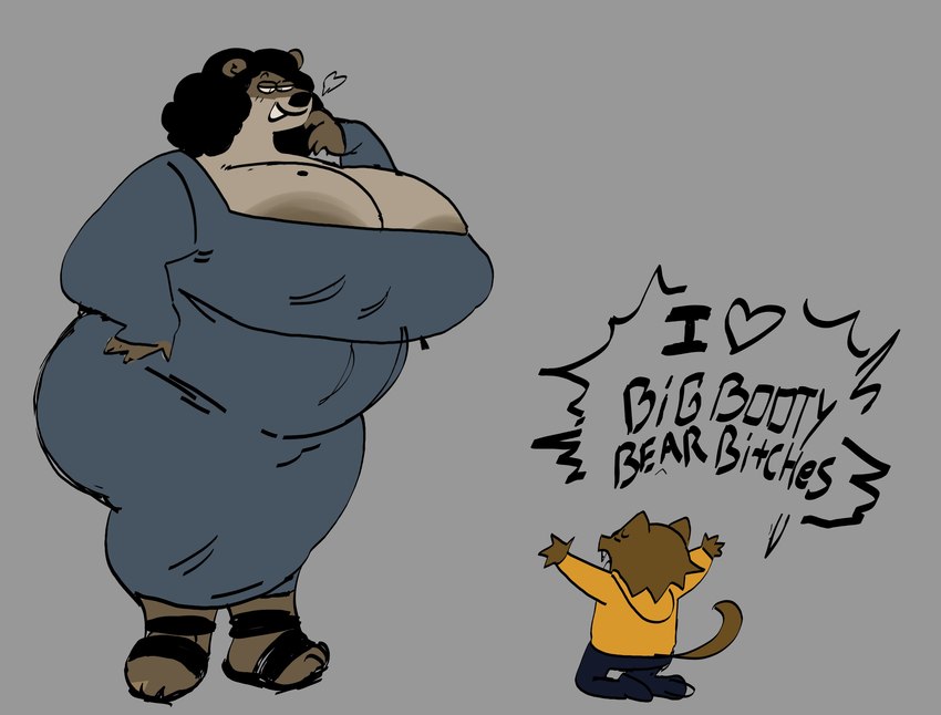 anthro areola areola_slip big_breasts big_butt breasts brown_body brown_fur butt clothing dress duo female fur heart_symbol huge_breasts huge_butt male male/female overweight overweight_female thick_thighs yelling mooncheese bear mammal absurd_res hi_res