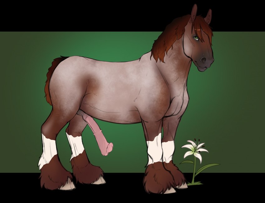 animal_genitalia animal_penis brown_hair brown_mane brown_tail equine_genitalia equine_penis erection feathering feral flared_penis flower fur genitals green_eyes hair hooves looking_at_viewer male mane penis pink_penis plant simple_background solo tail angellsview3 conditional_dnp trent_(wasen) draft_horse equid equine horse mammal digital_media_(artwork)