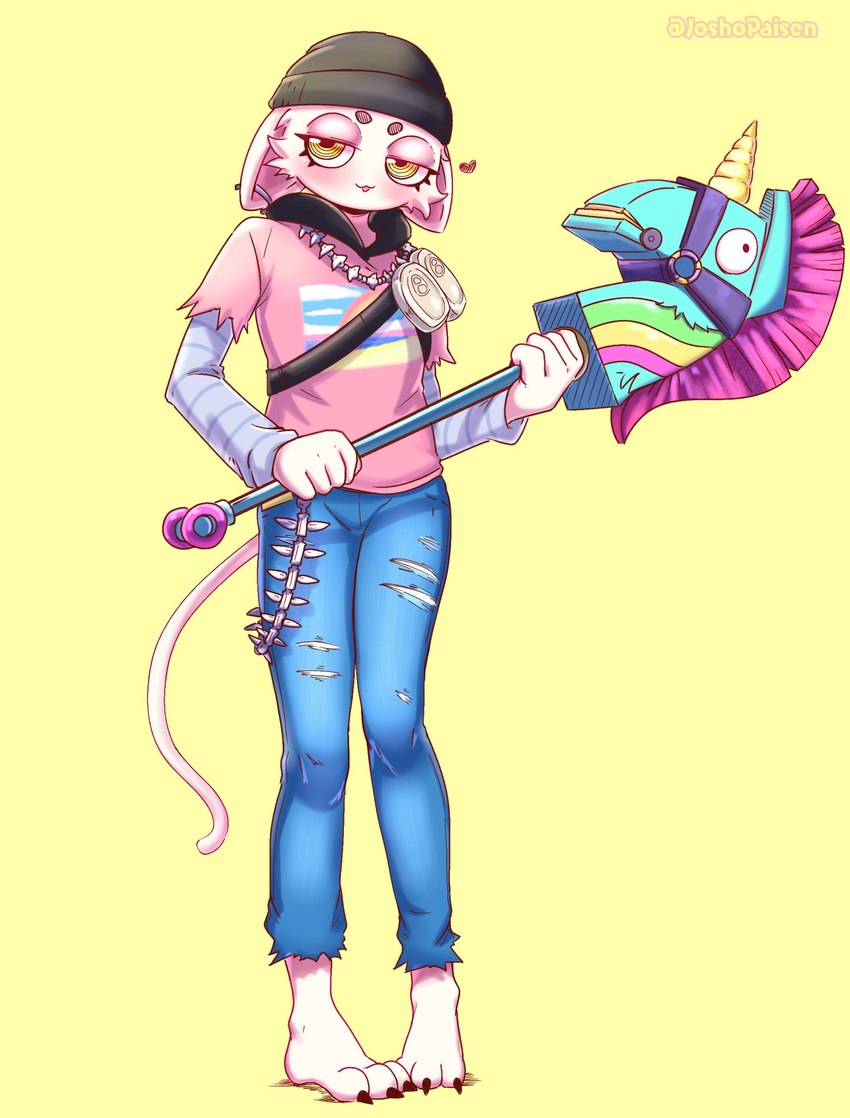 ambiguous_gender anthro bandolier barefoot bludgeon_(weapon) bottomwear clothing denim denim_bottomwear denim_clothing feet fur half-closed_eyes heart_symbol holding_object holding_weapon hoodie jeans jewelry melee_weapon narrow_hips narrowed_eyes necklace pants pink_clothing pink_topwear simple_background slim_female solo thin_calves thin_legs thin_thighs topwear torn_bottomwear torn_clothing torn_jeans torn_pants wallet_chain weapon white_body white_fur yellow_background yellow_eyes joshopaisen epic_games fortnite cloud_nine_(fortnite) meow_skulls domestic_cat felid feline felis mammal 2022 absurd_res full-length_portrait hi_res portrait shaded soft_shading female_(lore)