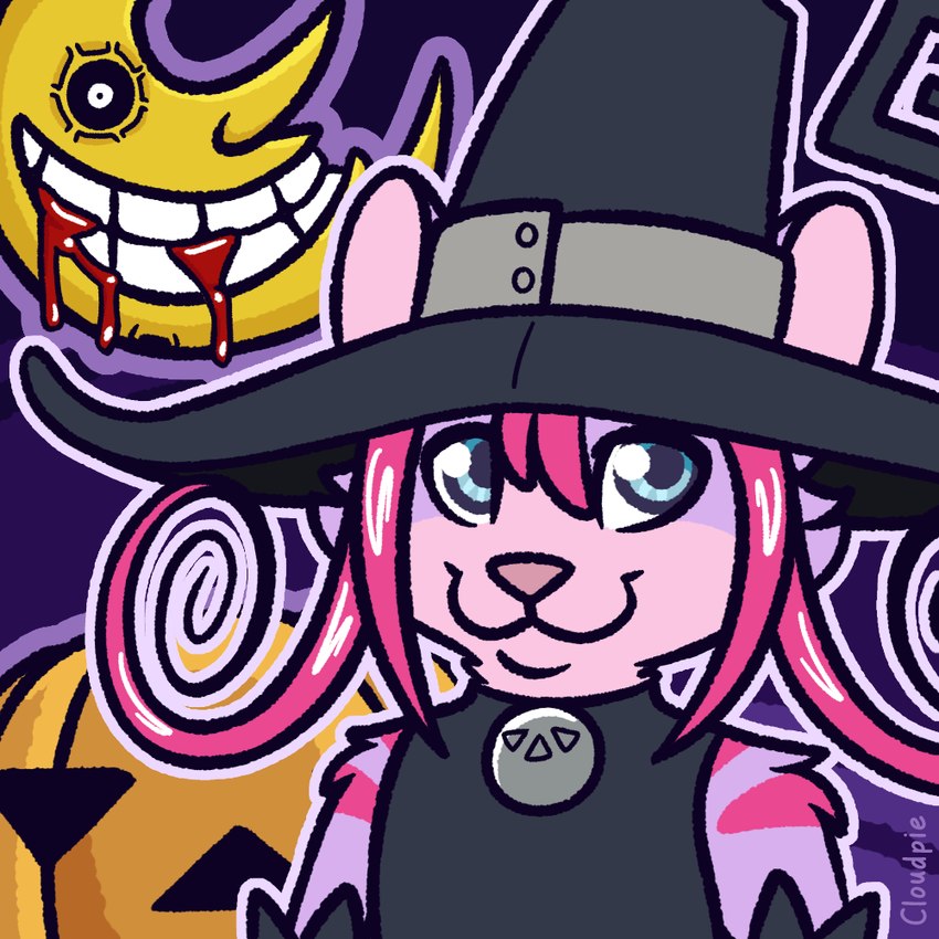 ambiguous_gender anthro bell blood blue_eyes bodily_fluids clothed clothing cosplay fur hair hat headgear headwear jack-o'-lantern jingle_bell looking_at_viewer outline pink_body pink_fur pink_hair pink_inner_ear pink_nose purple_background purple_body purple_fur purple_outline simple_background smile solo witch_hat cloudpie conditional_dnp soul_eater blair_(soul_eater) moon_(soul_eater) domestic_cat felid feline felis mammal 1:1 2021 bust_portrait clip_studio_paint_(artwork) digital_drawing_(artwork) digital_media_(artwork) flat_colors icon portrait