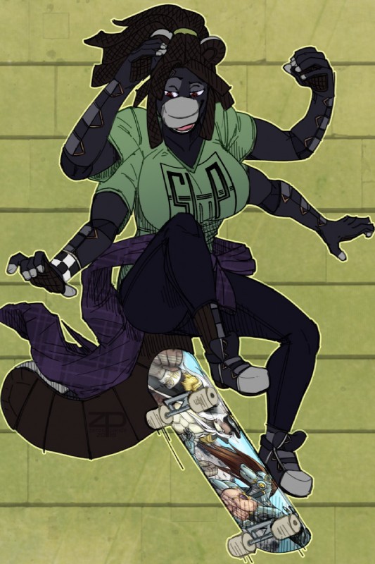 anthro big_breasts bottomwear breasts clothing female multi_arm multi_limb pants shirt skateboard solo topwear vehicle zerospanda animate_inanimate shoe_creature hi_res