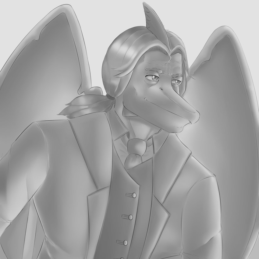 anthro business_suit clothing head_crest male necktie smile snout solo suit wings badfidhell cavemanon_studios chad_(meme) gigachad i_wani_hug_that_gator iadakan dinosaur prehistoric_species pterodactylus pterosaur reptile scalie 1:1 2024 black_and_white hi_res meme monochrome sketch