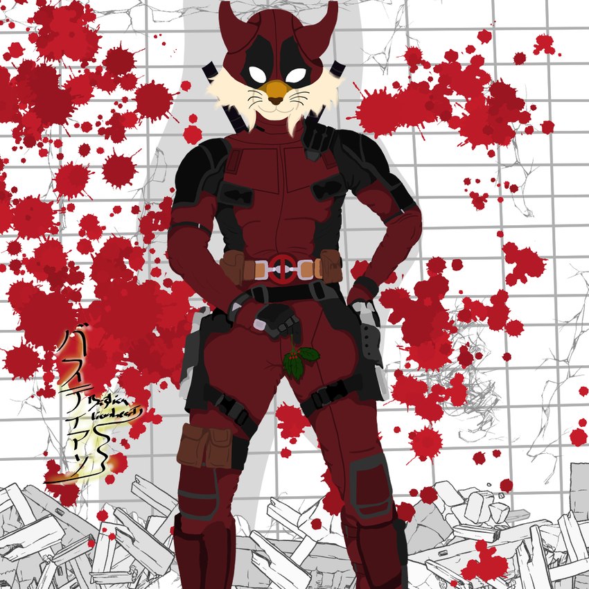 anthro blood bodily_fluids cosplay humanoid_hands male naughty_smile solo bastianlionheart marvel deadpool patxi_xabier_(character) animal_humanoid felid felid_humanoid feline feline_humanoid humanoid iberian_lynx lynx mammal mammal_humanoid 1:1