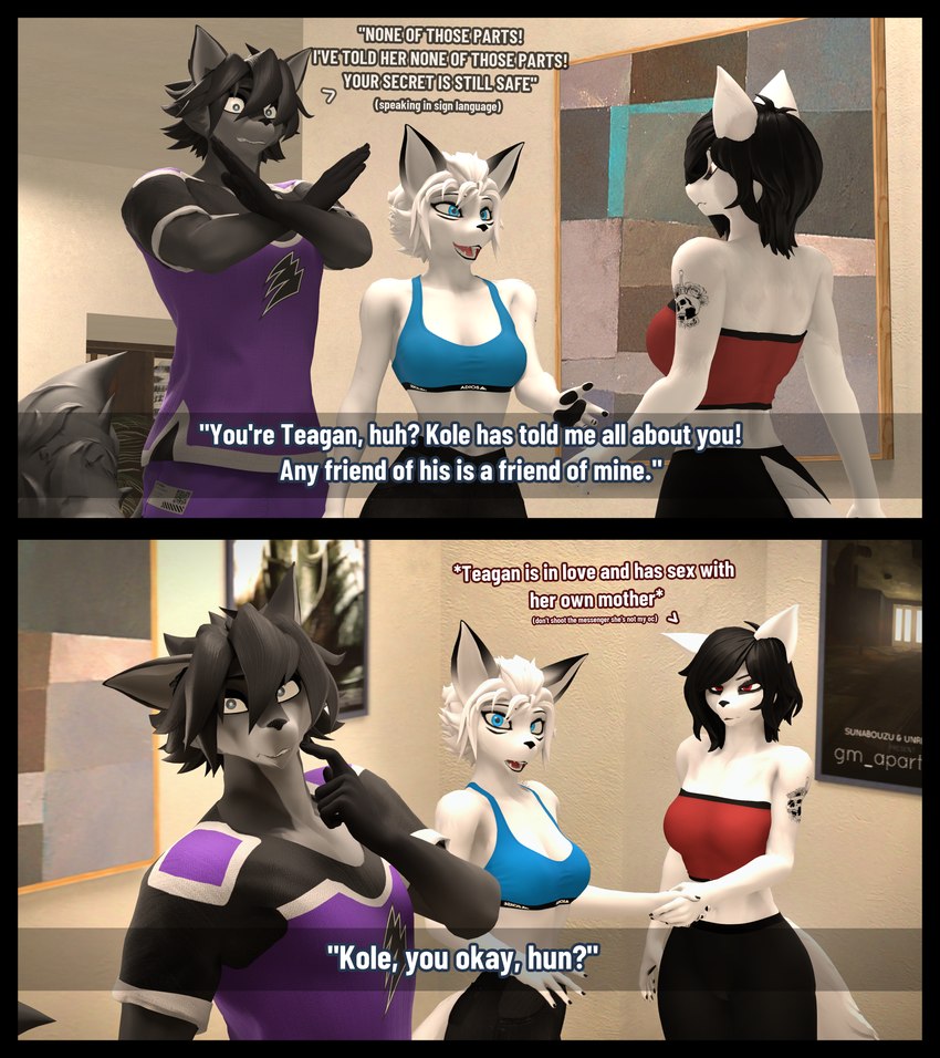 anthro arm_tattoo female gesture group handshake hearing_aid hearing_aids implied_incest male nervous nervous_smile tattoo text trio conditional_dnp domibun kole_(domibun) maxine_(domibun) teagan_(sleezylobo) canid canine canis fox mammal wolf 3d_(artwork) absurd_res digital_media_(artwork) english_text hi_res sign_language source_filmmaker_(artwork)