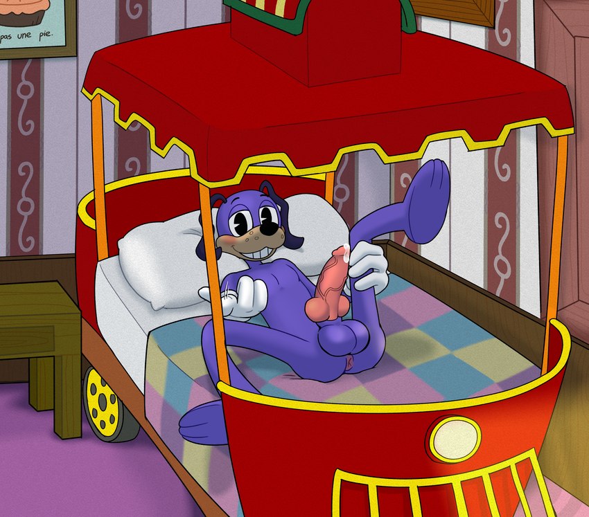 anthro bed clothing food fur furniture gloves handwear looking_at_viewer male pastry pie public_transportation purple_body purple_fur rail_transit solo tram urban_rail_transit vehicle sonicinmind toontown_corporate_clash toontown_online canid canine mammal absurd_res hi_res