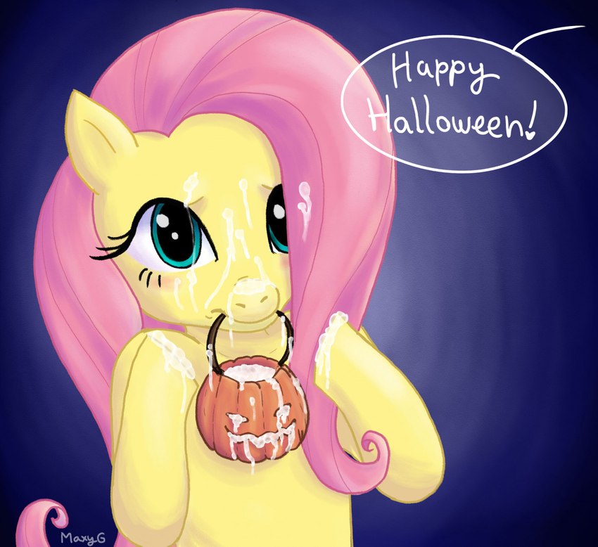 blue_background blue_eyes blush bodily_fluids candy_bucket cum cum_in_pumpkin embarrassed eyelashes female feral food fruit genital_fluids hair holidays looking_at_another pink_hair plant pumpkin simple_background solo speech_bubble yellow_body maxyg friendship_is_magic halloween hasbro my_little_pony fluttershy_(mlp) equid equine horse mammal pony