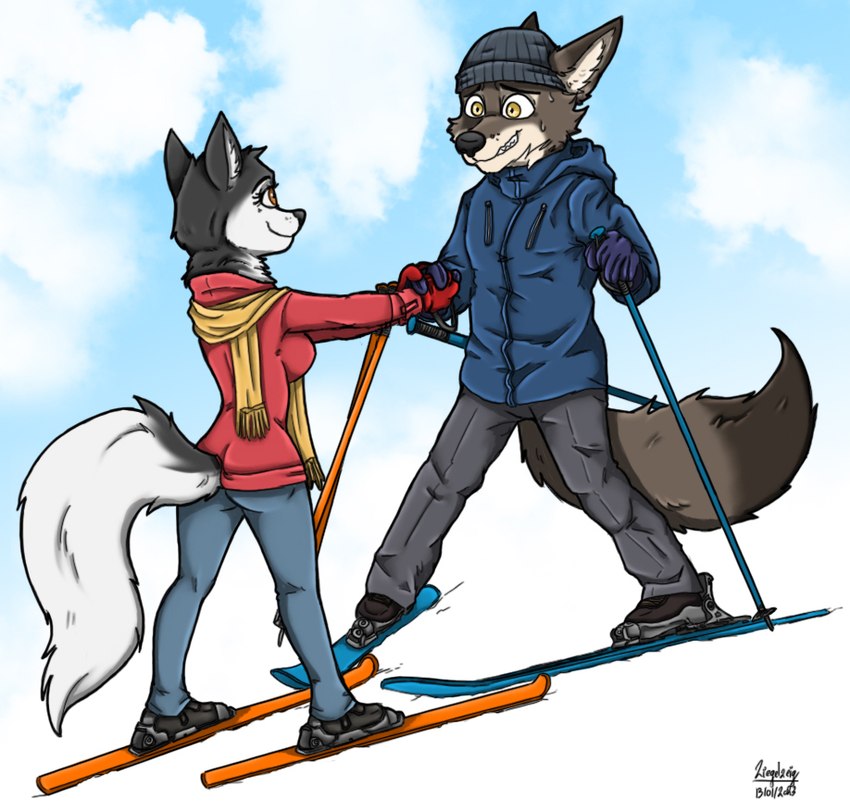 anthro black_body black_fur brown_body brown_eyes brown_fur duo female fur hand_holding ski ski_pole skiing white_body white_fur yellow_eyes ziegelzeig bad_guy_cafe nix_(mick-fries) wolfgang_jaeger_(readerno31142) canid canine canis mammal wolf 2023