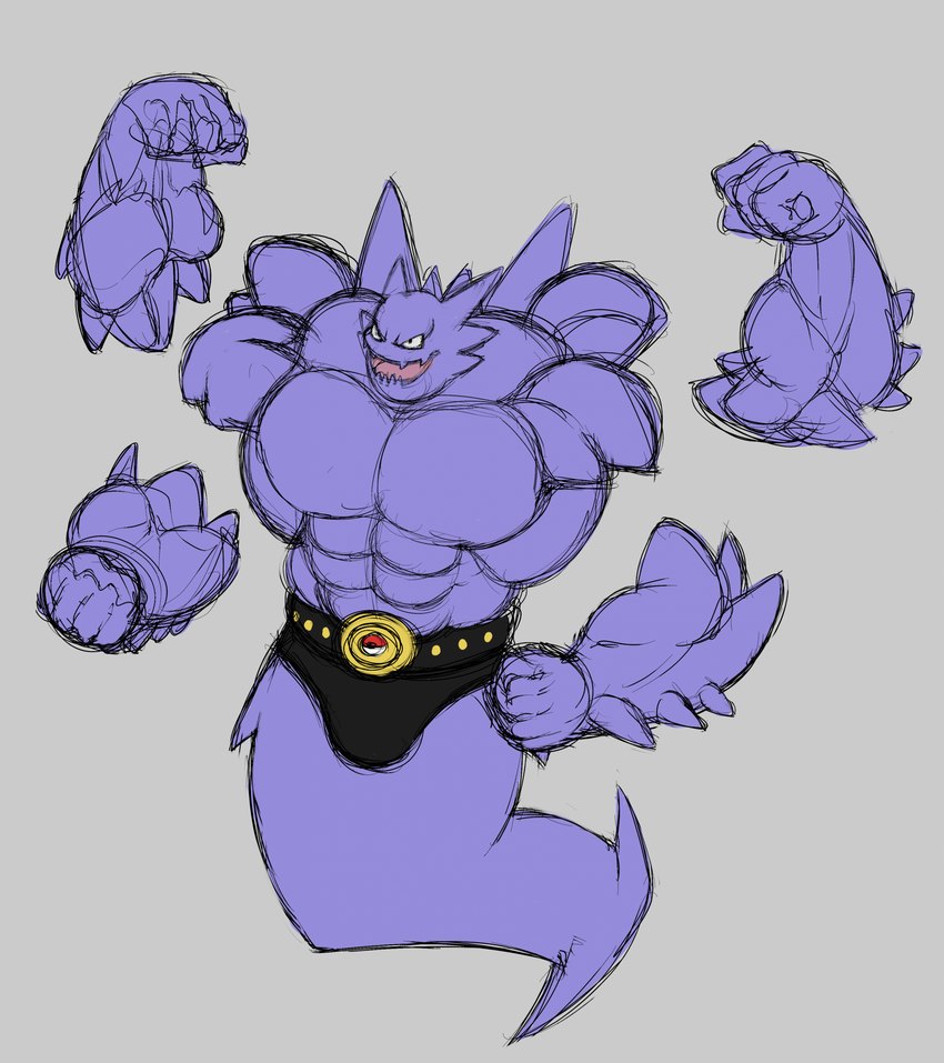 4_arms anthro back_muscles big_bulge big_deltoids big_forearms big_muscles big_pecs big_tail black_clothing bulge clothing deltoids floating_hands forearms fusion ghost_tail grin huge_forearm_muscles huge_muscles huge_pecs hyper hyper_muscles jagged_mouth latissimus_dorsi legless male manly multi_arm multi_limb muscular pecs pokeball pokeball_belt pokemon_fusion purple_body smile solo spikes tail wrestling_belt treekster nintendo pokemon generation_1_pokemon ghost haunter humanoid hybrid hybrid_pokemon machamp pokemon_(species) spirit hi_res