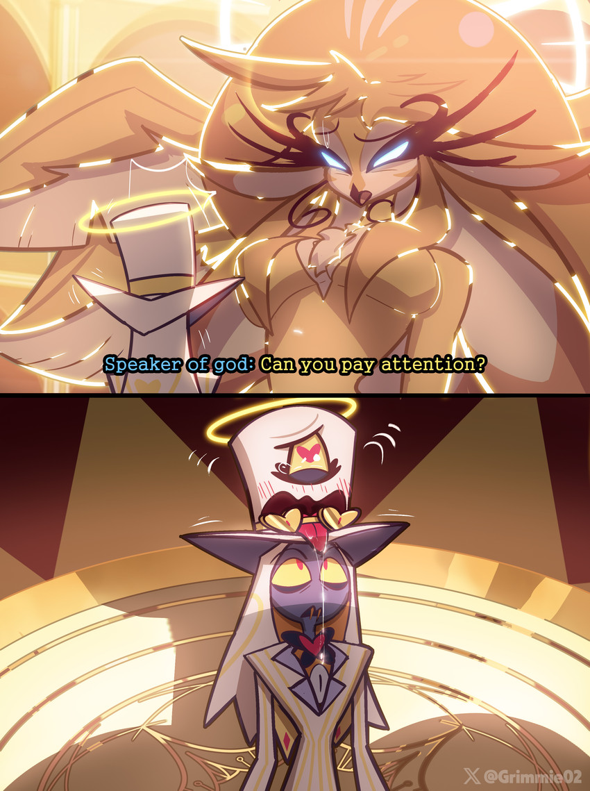 anthro beak breasts clothed clothing duo eyelashes feathers female glowing glowing_eyes hair halo hat headgear headwear shadow teeth text tongue top_hat yellow_clothing yellow_sclera grimmie2 hazbin_hotel hellaverse sir_pentious'_hat sir_pentious_(hazbin_hotel) speaker_of_god_(hazbin_hotel) angel avian humanoid absurd_res comic english_text hi_res