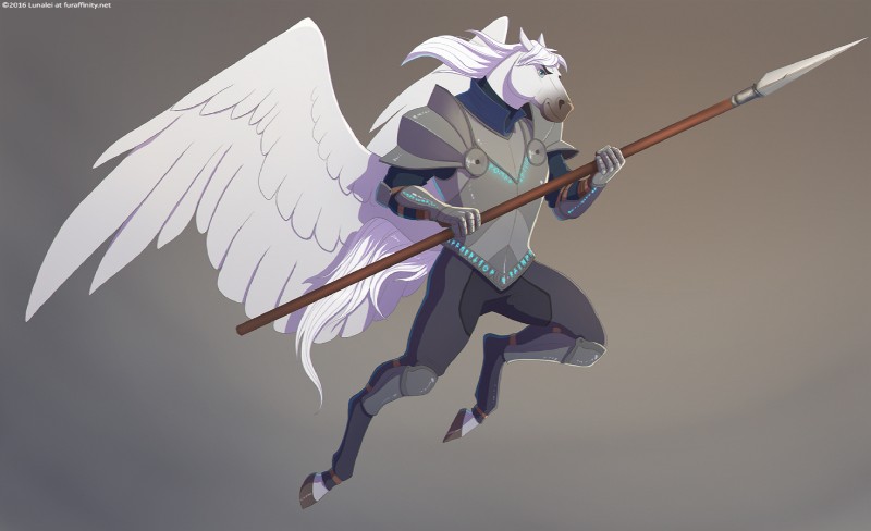 5_fingers anthro armor blue_eyes breastplate feathered_wings feathers fingers flying fur furgonomics futhark greaves grey_background hair holding_object holding_weapon hooves male melee_weapon norse_runes pauldron polearm simple_background smile solo spear tail text weapon white_body white_feathers white_fur white_hair wings lunalei mythology equid equine mammal mythological_creature mythological_equine pegasus url