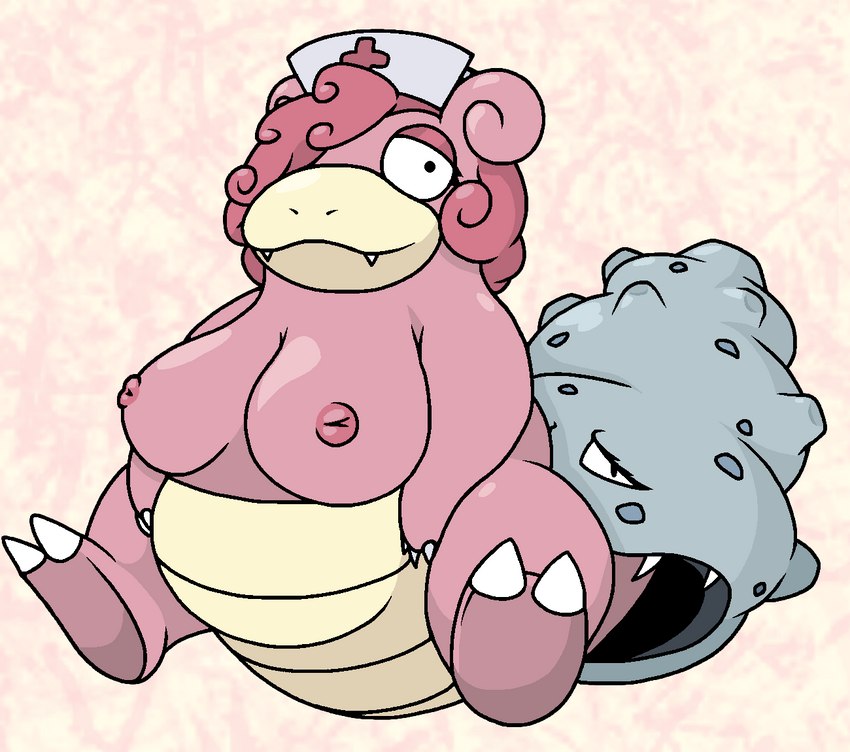 big_breasts big_tail breasts claws clothing curled_hair female fluffy fluffy_hair front_view hair half-closed_eyes hat headgear headwear looking_at_viewer makeup mouth_closed narrowed_eyes nipples nurse nurse_clothing nurse_hat nurse_headwear overweight overweight_female shell sitting smile solo tail teeth somedutchweirdo nintendo pokemon generation_1_pokemon pokemon_(species) slowbro