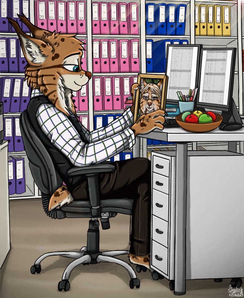 anthro apple blue_eyes brown_body brown_fur chair computer desk electronics food fruit fur furniture male office photo plant solo table tan_body tan_fur white_body white_fur ziegelzeig bad_guy_cafe arten_reichtum felid feline lynx mammal 2023