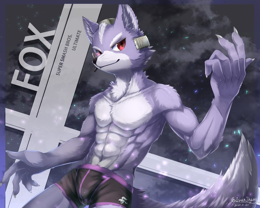 abs alternate_color alternate_costume anthro athletic athletic_anthro athletic_male belt biceps bottomwear briefs bulge claws clothed clothing detailed_bulge featureless_chest fur grey_body grey_fur male muscular muscular_anthro muscular_male navel pecs red_eyes smile solo text topless underwear ivan-jhang nintendo star_fox fox_mccloud canid canine fox mammal 2020 5:4 alternate_version_at_source english_text hi_res