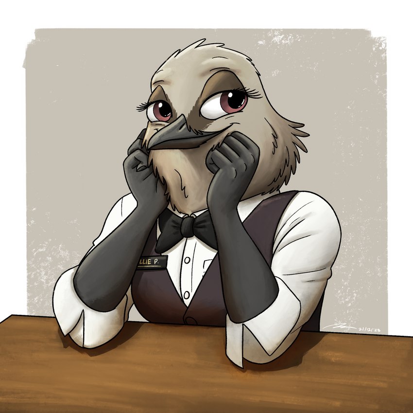 anthro bartender black_tie_(suit) bow_tie clothed clothing female half-closed_eyes narrowed_eyes shirt sitting solo suit topwear uniform vest waiter waiter_suit waitress_uniform fish_birb millie_(fish_birb) avian bird oscine passerine starling_(bird) 1:1 bust_portrait hi_res portrait