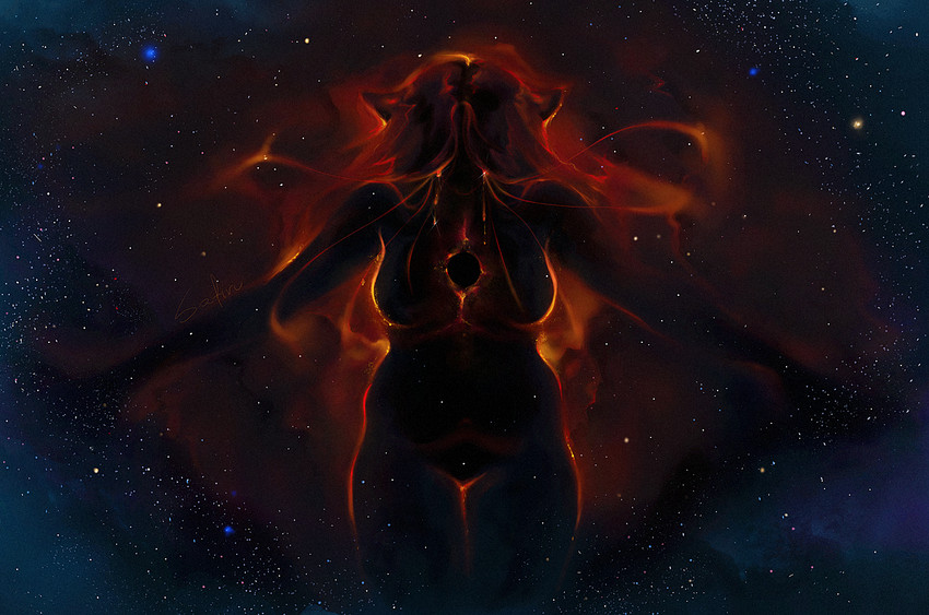 anthro black_body black_hole bodily_fluids breasts cosmic_background crying featureless_breasts featureless_crotch female nude red_body space star tears safiru safi_(safiru) balinese_cat cosmic_being domestic_cat felid feline felis mammal oriental_longhair 2020 digital_media_(artwork)