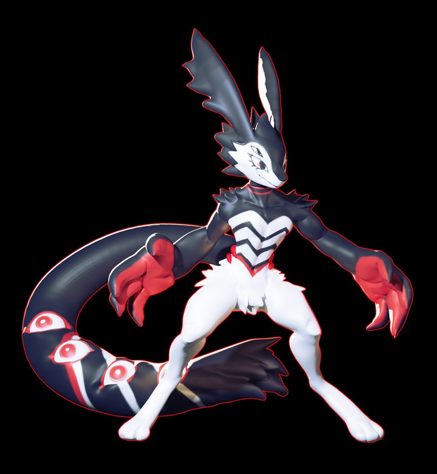 4_fingers anthro big_hands black_body black_fur crotch_tuft digitigrade fingers fur long_tail male multi_eye nude red_body red_fur small_waist smile solo striped_body striped_fur stripes tail tail_eye tuft white_body white_fur dragoon343 alien lagomorph leporid mammal rabbit 3d_(artwork) digital_media_(artwork) hi_res