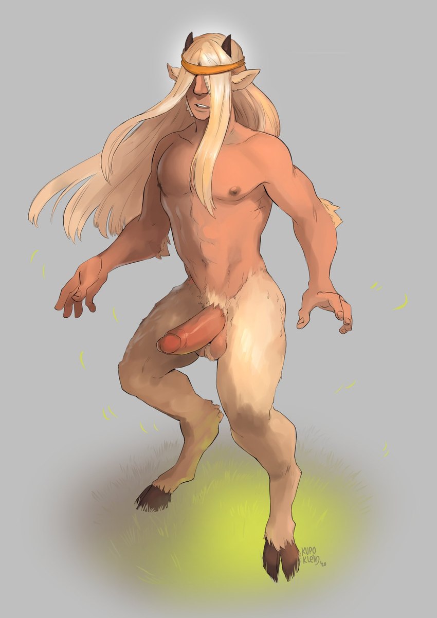 balls blonde_hair erection genitals hair hair_over_eyes hooves horn humanoid_genitalia humanoid_penis long_hair male nipples not_furry nude penis solo standing kupoklein valiant humanoid satyr 2020 hi_res