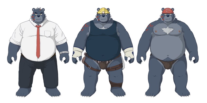 anthro armor belly bottomwear bulge clothing hard_hat headgear helmet humanoid_hands kemono male moobs necktie nipples overweight overweight_male pants shirt simple_background solo topwear underwear white_background mtflying30371 bear mammal 2021 2:1 hi_res