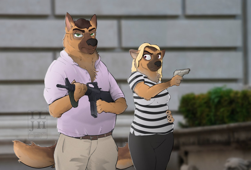 anthro ar-15 belt black_bottomwear black_clothing black_legwear black_pants blonde_hair blurred_background bottomwear brown_belt clothed clothing collared_shirt disgruntled duo eyebrows eyewear female glasses green_eyes gun hair hand_on_hip handgun holding_gun holding_object holding_ranged_weapon holding_weapon khakis legwear male multicolored_body outside pants pattern_clothing pink_clothing pink_shirt pink_topwear pistol ranged_weapon shirt standing striped_clothing stripes thick_eyebrows topwear weapon ilovejudyhopps canid canine canis domestic_dog german_shepherd herding_dog mammal pastoral_dog 2020 digital_media_(artwork) lol_comments shaded signature watermark