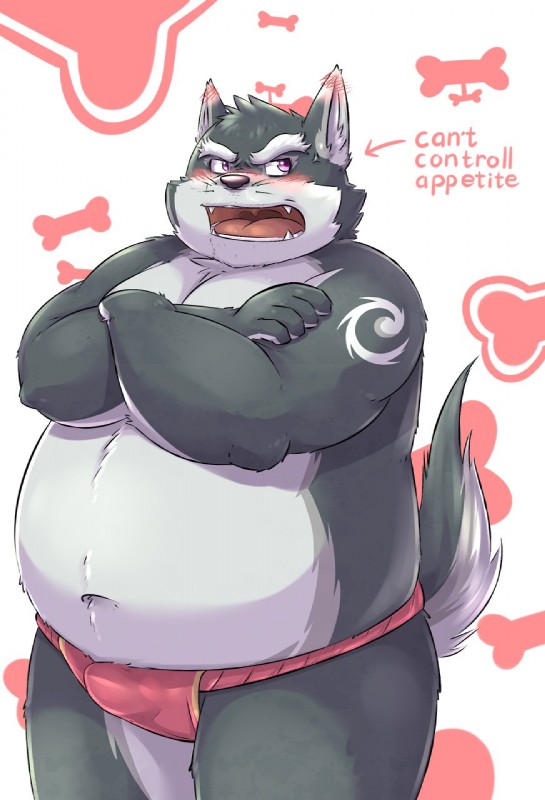 anthro asian_clothing belly blush clothing east_asian_clothing fundoshi humanoid_hands japanese_clothing male navel overweight overweight_anthro overweight_male simple_background solo text underwear aotoaka canid canine canis domestic_dog mammal 2019 english_text hi_res