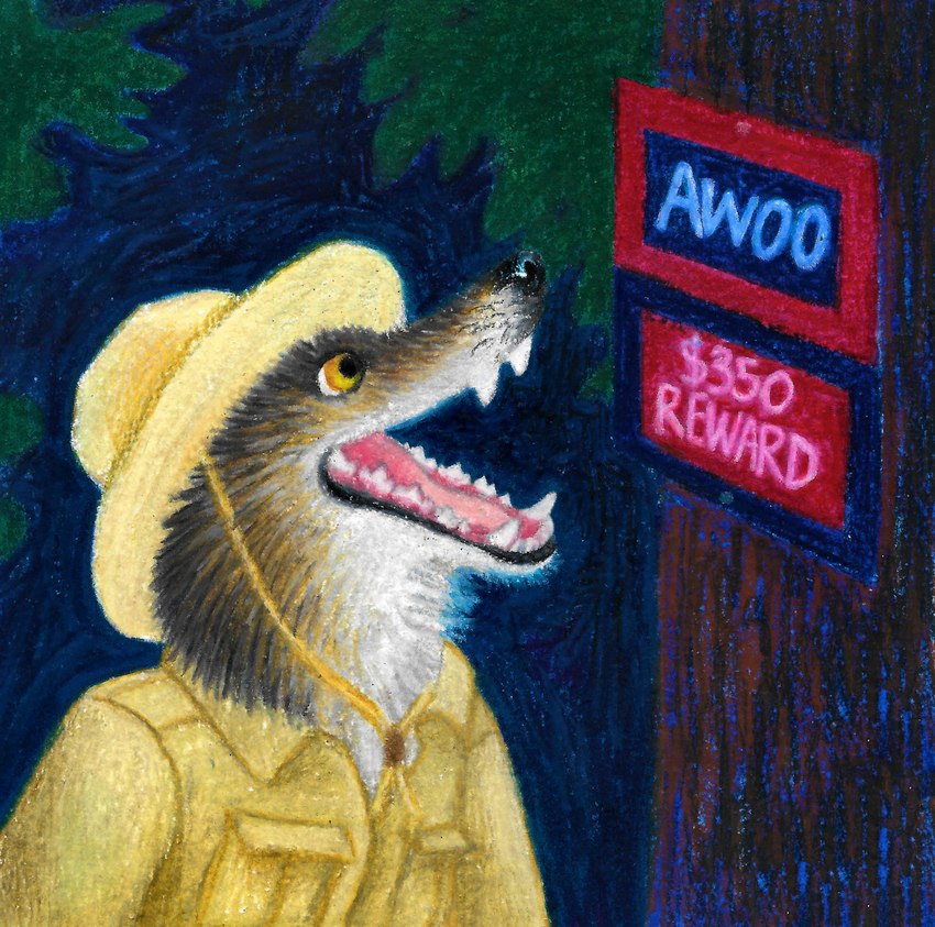 anthro awoo brown_body brown_fur clothed clothing female forest fur grey_body grey_fur night open_mouth outside park_ranger plant sharp_teeth sign solo teeth text tree white_body white_fur yellow_eyes ink-the-artist mythology canid canine mammal mythological_canine mythological_creature werecanid werecanine werecreature werewolf english_text hi_res