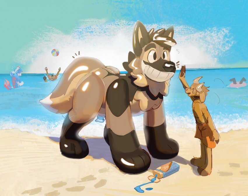 anthro beach feral male male/male pool_toy transformation straus karidas_(rexroyale) canid canine mammal maned_wolf hi_res