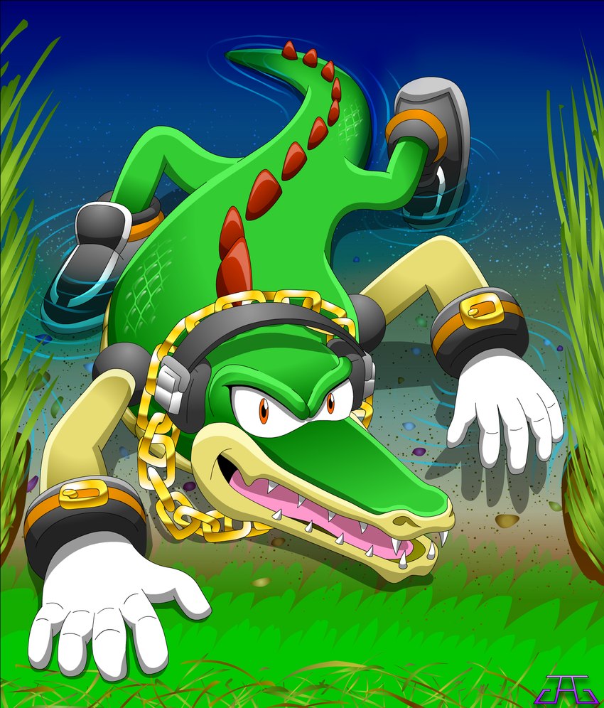 chain clothing electronics footwear gloves gold_(metal) gold_chain grass handwear headgear headphones lying male on_front on_ground partially_submerged plant scales sharp_teeth shoes solo tail teeth kazuo_ichigama sega sonic_the_hedgehog_(series) vector_the_crocodile crocodile crocodilian reptile scalie hi_res