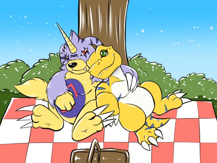 animal_skin anthro belly claws cuddling duo horn male male/male outside picnic picnic_blanket plant slightly_chubby tree heart-of-a-dragoness bandai_namco digimon agumon_x digimon_(species) gabumon_x scalie x-digimon 4:3