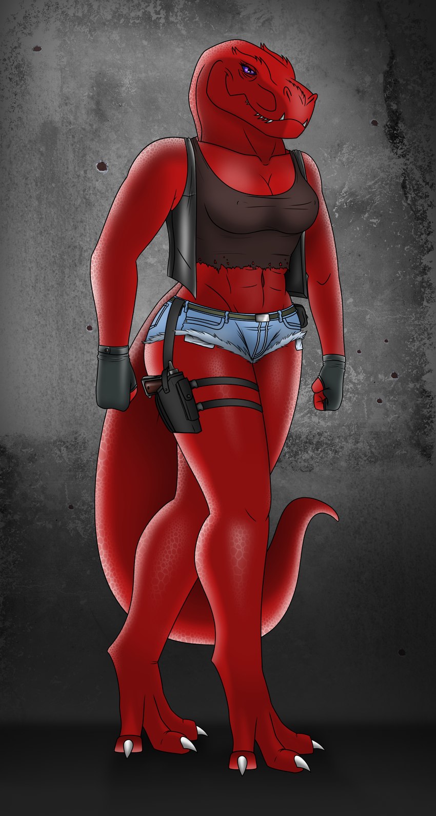 abs anthro belt big_breasts bottomwear bounty_hunter breasts buckle clothing denim denim_bottomwear denim_clothing denim_shorts female gloves gun handgun handwear holster jacket jeans leather leather_clothing leather_jacket leather_topwear long_legs looking_at_viewer m1911 non-mammal_breasts pants pistol ranged_weapon shirt shorts smile smiling_at_viewer solo tank_top topwear torn_clothing weapon lovemummification amelia_ellen dinosaur prehistoric_species reptile scalie theropod tyrannosaurid tyrannosauroid tyrannosaurus tyrannosaurus_rex pouch_(disambiguation) absurd_res hi_res