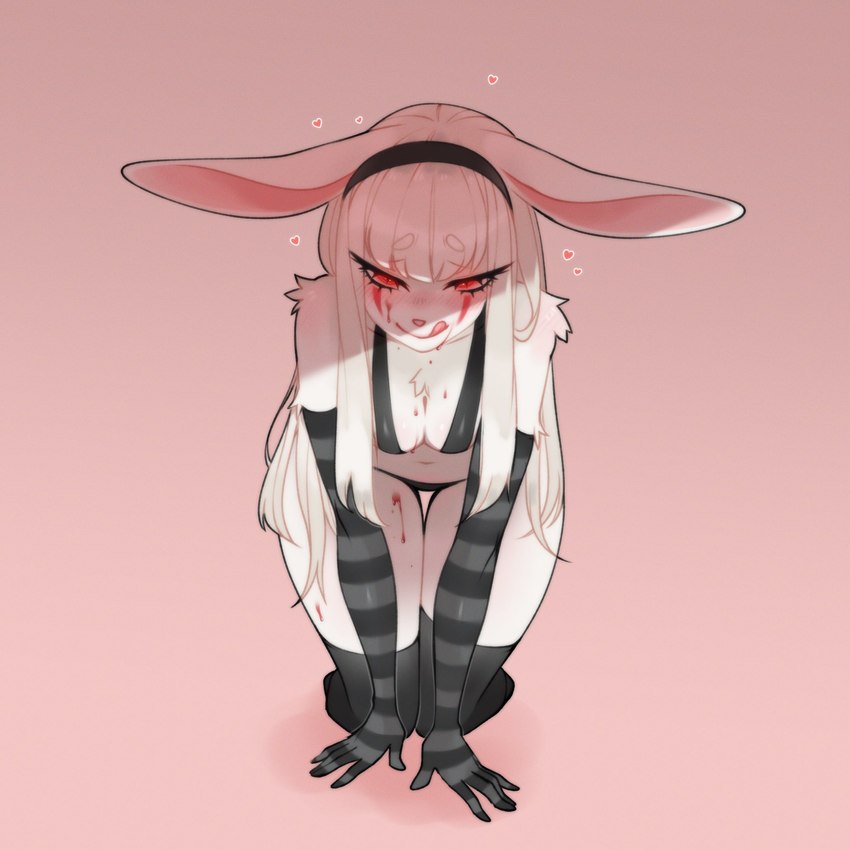 anthro armwear blood bodily_fluids breasts clothing clown_makeup female fur hair headgear headwear heart_symbol insane legwear licking licking_lips long_hair looking_at_viewer on_knee red_eyes solo tongue tongue_out white_body white_fur yandere jellyenvy domino_(kaggy1) lagomorph leporid mammal rabbit 1:1 hi_res