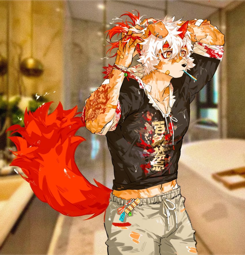 anthro arm_tattoo bathroom clothed clothing fur hair horn male orange_hair orange_tail photo_background solo tail tan_body tan_fur tattoo white_body white_fur white_hair yellow_eyes haru41113 arknights hypergryph studio_montagne hung_(arknights) canid canine canis domestic_dog mammal hi_res photography_(artwork)