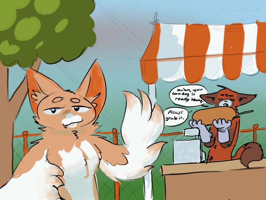 anthro breasts cash_register clothing corndog duo female fence food food_stand fur gloves handwear looking_at_viewer male multicolored_body multicolored_fur nude plant selfie smile tail tree furinmyeyes ginger_(furinmyeyes) ailurid avian felid feline hybrid mammal red_panda 4:3 digital_media_(artwork) hi_res