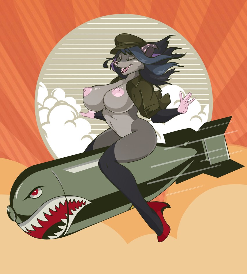 anthro bomb clothed clothing erect_nipples explosives eyes_closed female footwear high_heels military military_jacket nipples nylon_stockings on_explosive politics shoes sitting solo topless topless_female unknown_artist notde_(character) american_opossum mammal marsupial virginia_opossum absurd_res hi_res