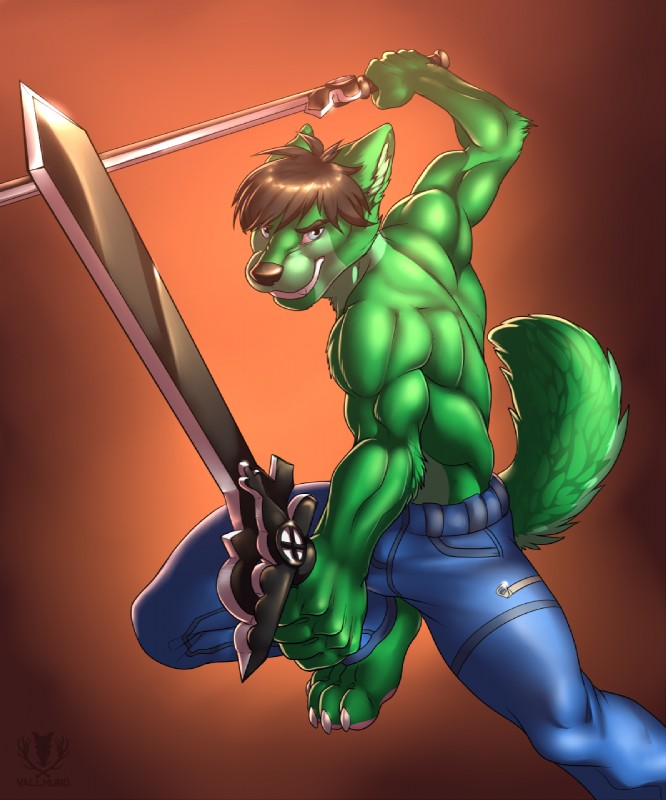 abs action_pose anthro athletic biceps biped black_nose blue_eyes bottomwear brown_body brown_fur brown_hair claws clothed clothing collar dual_wielding fangs fur green_body green_fur grin hair holding_melee_weapon holding_object holding_sword holding_weapon looking_at_viewer male melee_weapon muscular muscular_anthro pants pawpads paws pose simple_background smile solo standing sword tail teeth toe_claws topless weapon vallhound zavryn canid canine canis mammal wolf 2013 digital_media_(artwork) hi_res