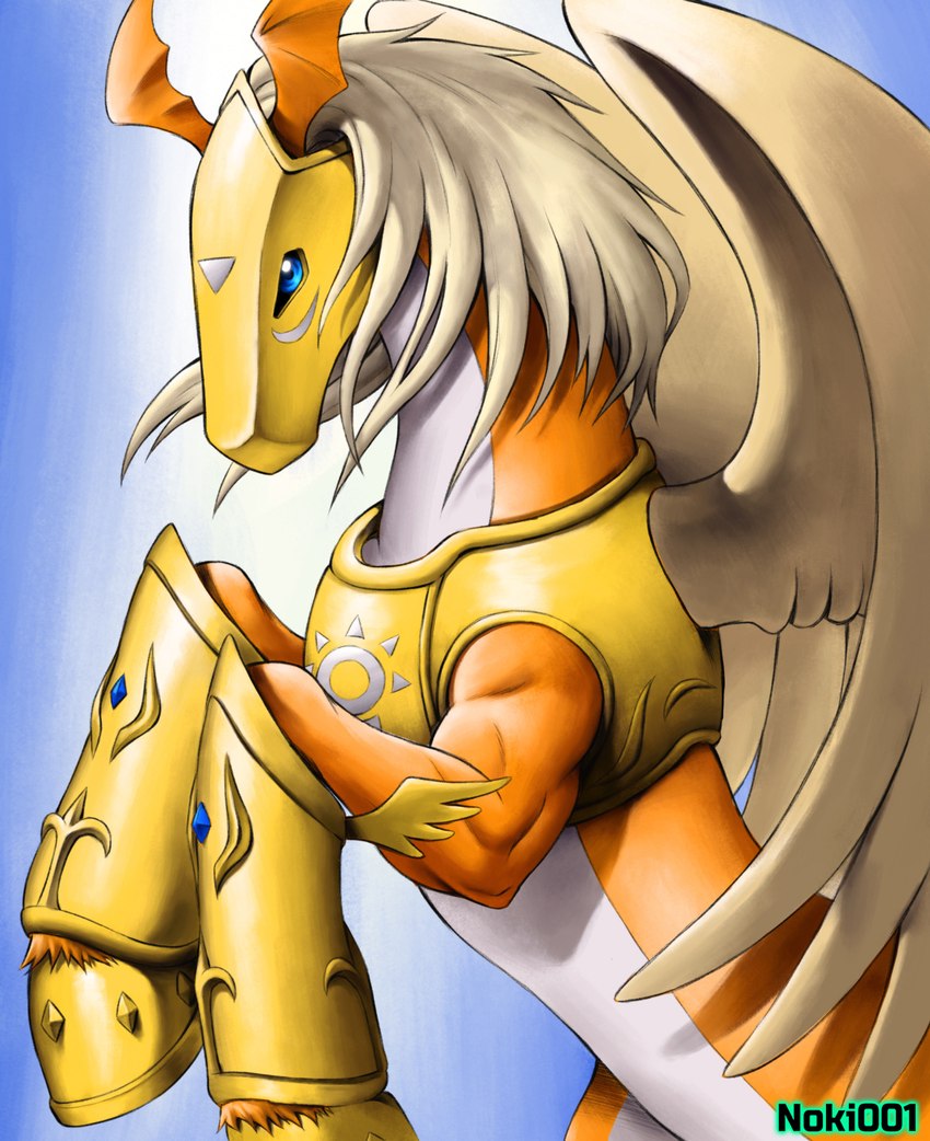 ambiguous_gender armor blonde_mane blue_background blue_eyes feral fur gem gold_(metal) gold_armor headgear helmet hooves lighter_belly mane orange_body orange_fur simple_background solo wings noki001 bandai_namco digimon digimon_(species) pegasusmon hi_res